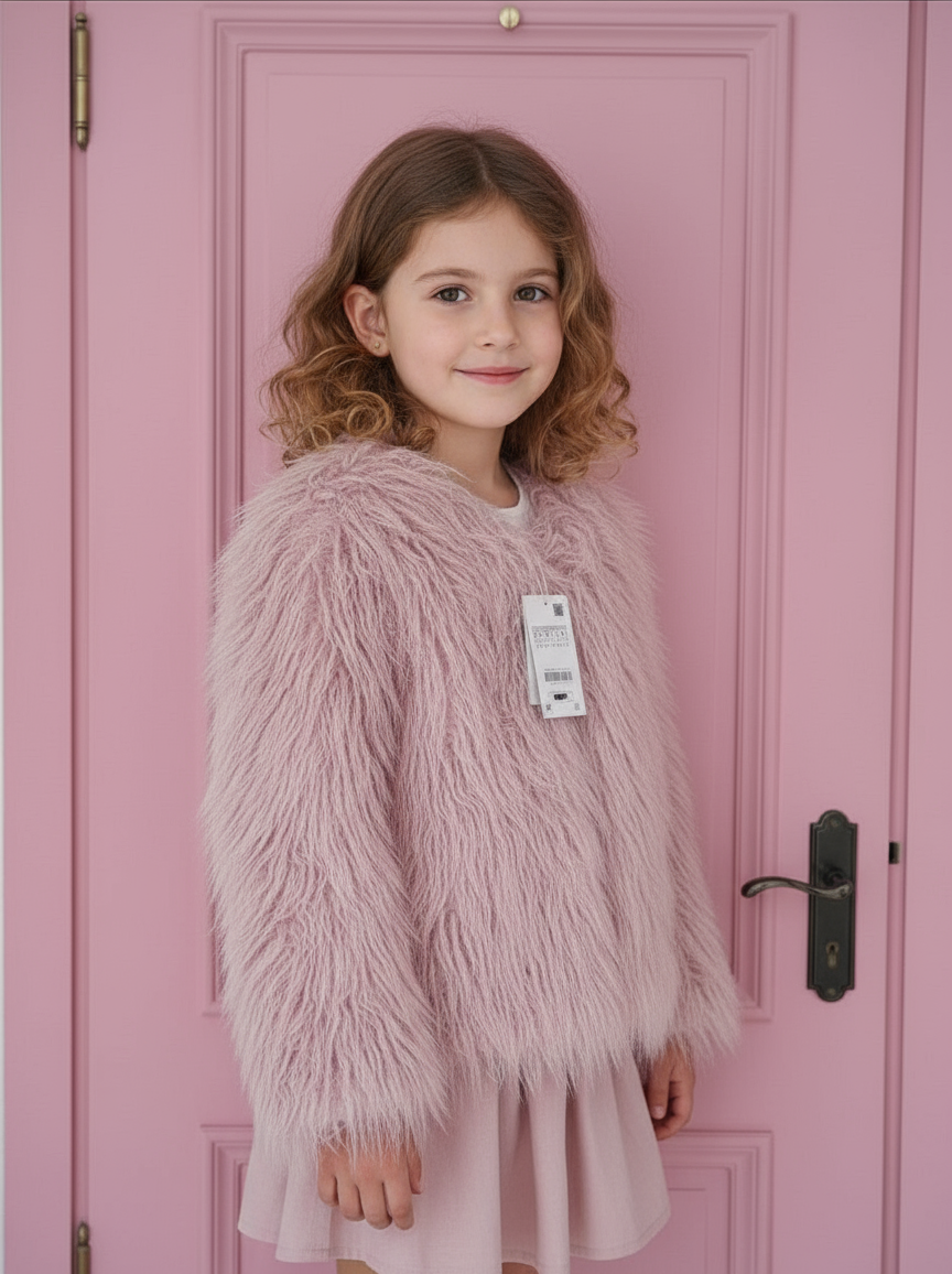 Kids Baby Pink overcoat, faux fur sheepskin