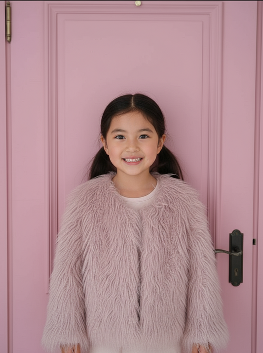 Kids Baby Pink overcoat, faux fur sheepskin