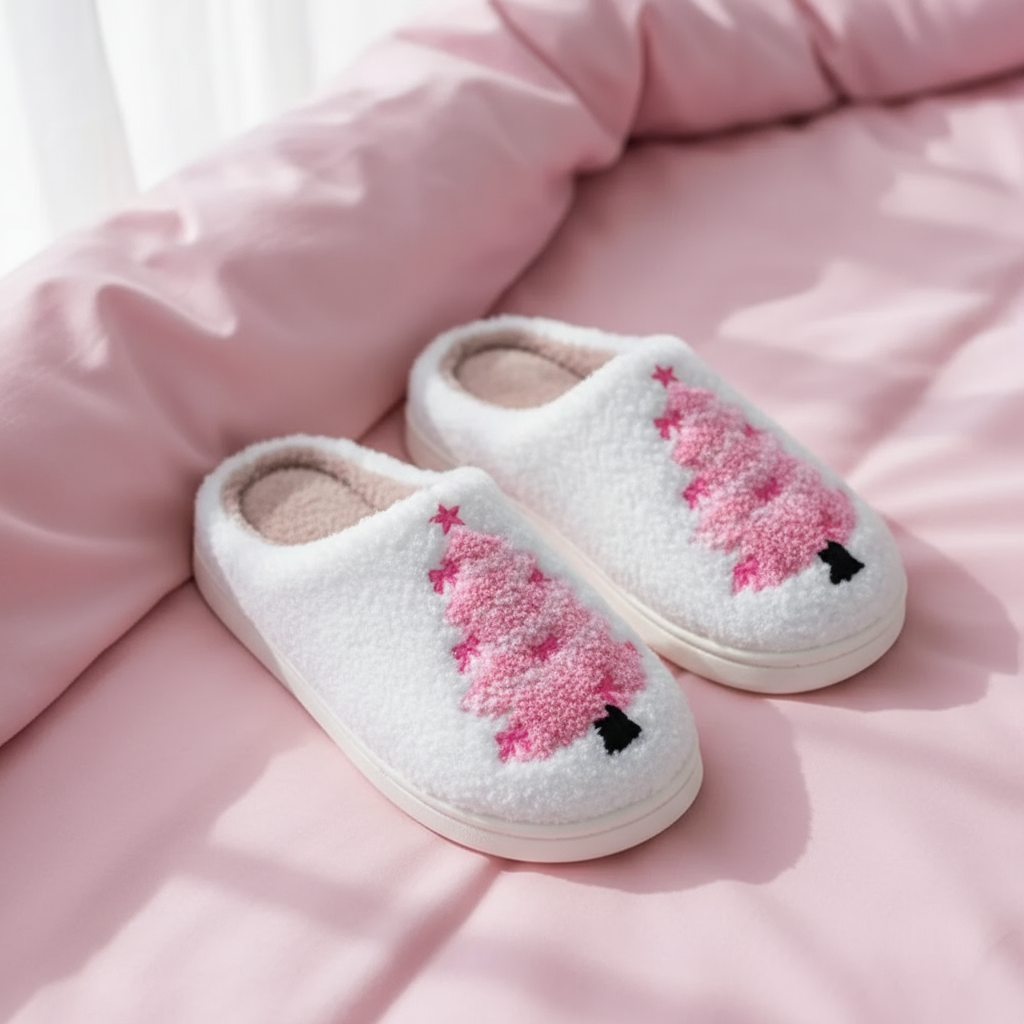 Cozy Pink Christmas Tree slippers