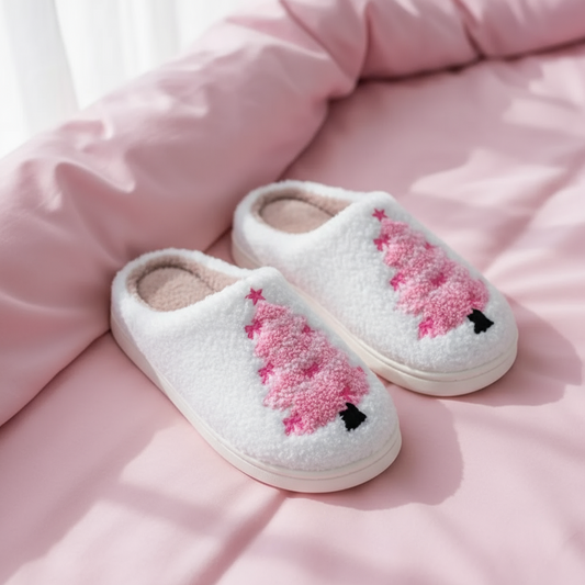 Cozy Pink Christmas Tree slippers