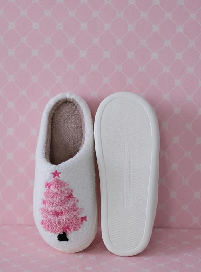 Cozy Pink Christmas Tree slippers